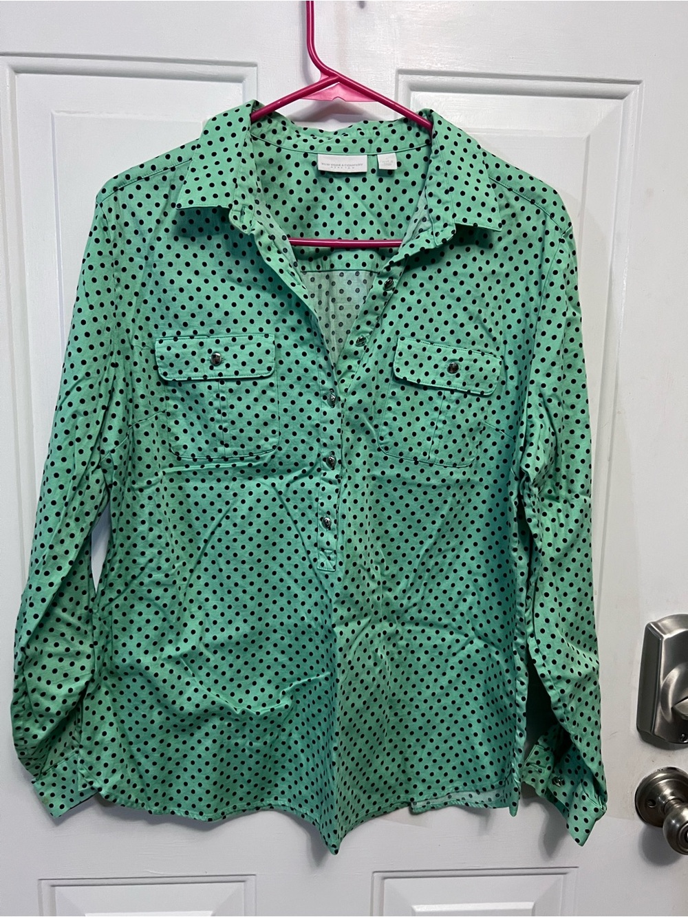 New York & Company Green Black Polka Dot Utility Blouse L 98% Cotton J3972